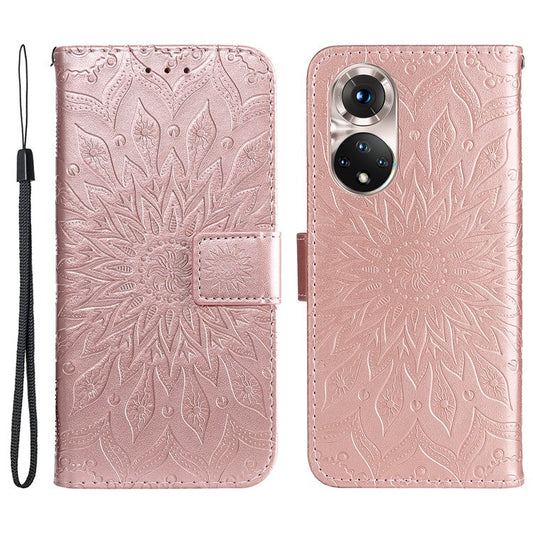 KT Imprinting Flower Series-1 Imprinting Mandala Sun Pattern Anti-scratch Protective Leather Case with Wallet Stand for Huawei nova 9/Honor 50 5G - Rose Gold