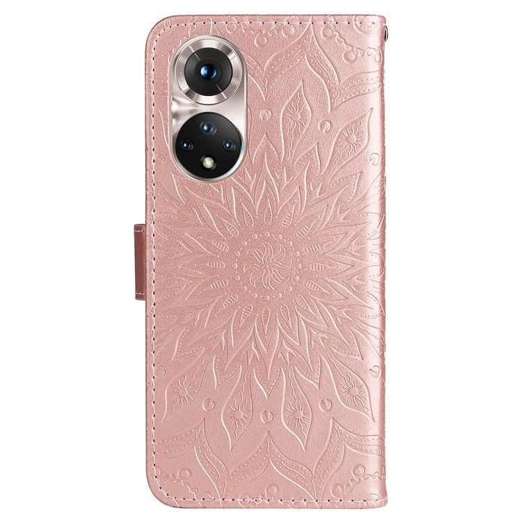 KT Imprinting Flower Series-1 Imprinting Mandala Sun Pattern Anti-scratch Protective Leather Case with Wallet Stand for Huawei nova 9/Honor 50 5G - Rose Gold