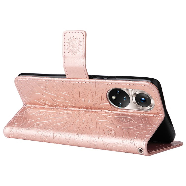 KT Imprinting Flower Series-1 Imprinting Mandala Sun Pattern Anti-scratch Protective Leather Case with Wallet Stand for Huawei nova 9/Honor 50 5G - Rose Gold