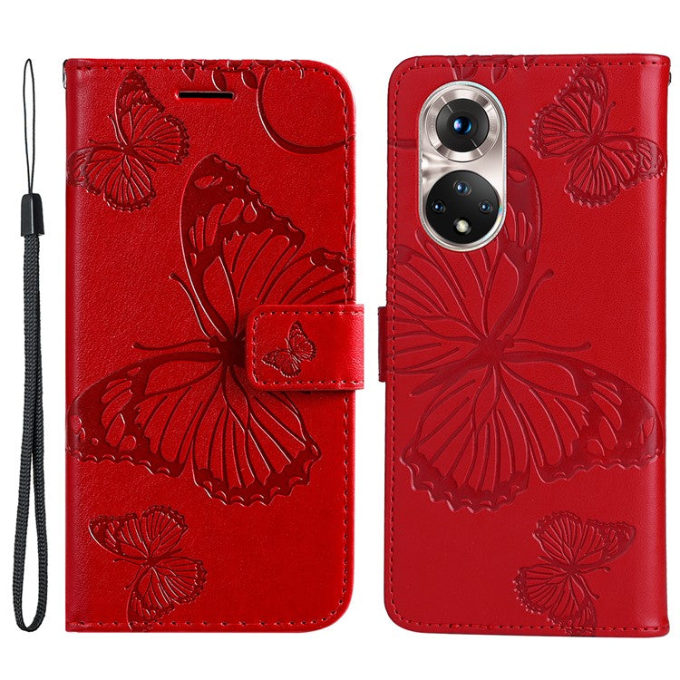 KT Imprinting Flower Series-2 PU Leather Magnetic Flip Wallet Case Stand Imprinted Butterfly Pattern Full Body Protective Cover with Strap for Honor 50 5G / Huawei nova 9 - Red
