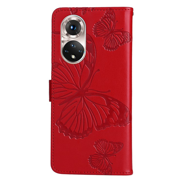 KT Imprinting Flower Series-2 PU Leather Magnetic Flip Wallet Case Stand Imprinted Butterfly Pattern Full Body Protective Cover with Strap for Honor 50 5G / Huawei nova 9 - Red
