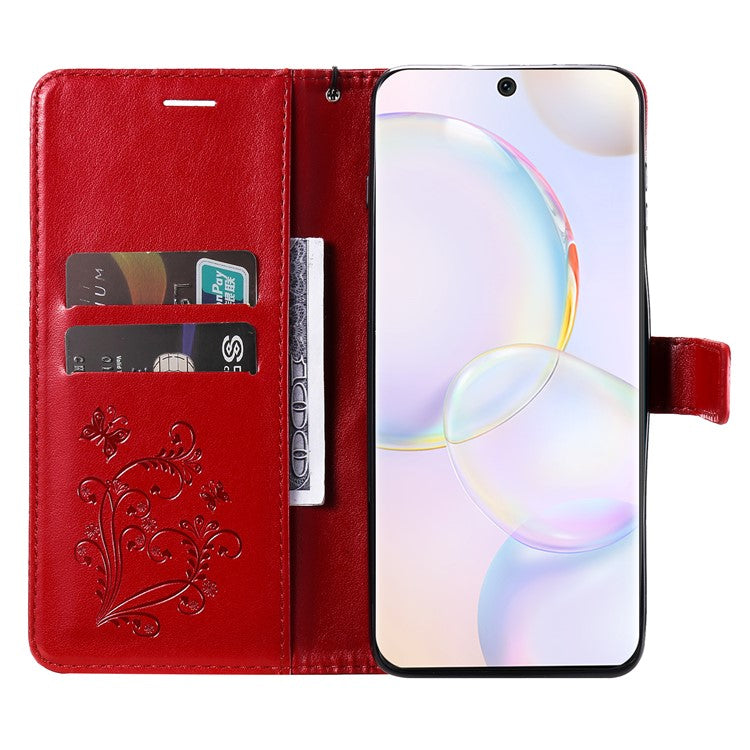 KT Imprinting Flower Series-2 PU Leather Magnetic Flip Wallet Case Stand Imprinted Butterfly Pattern Full Body Protective Cover with Strap for Honor 50 5G / Huawei nova 9 - Red