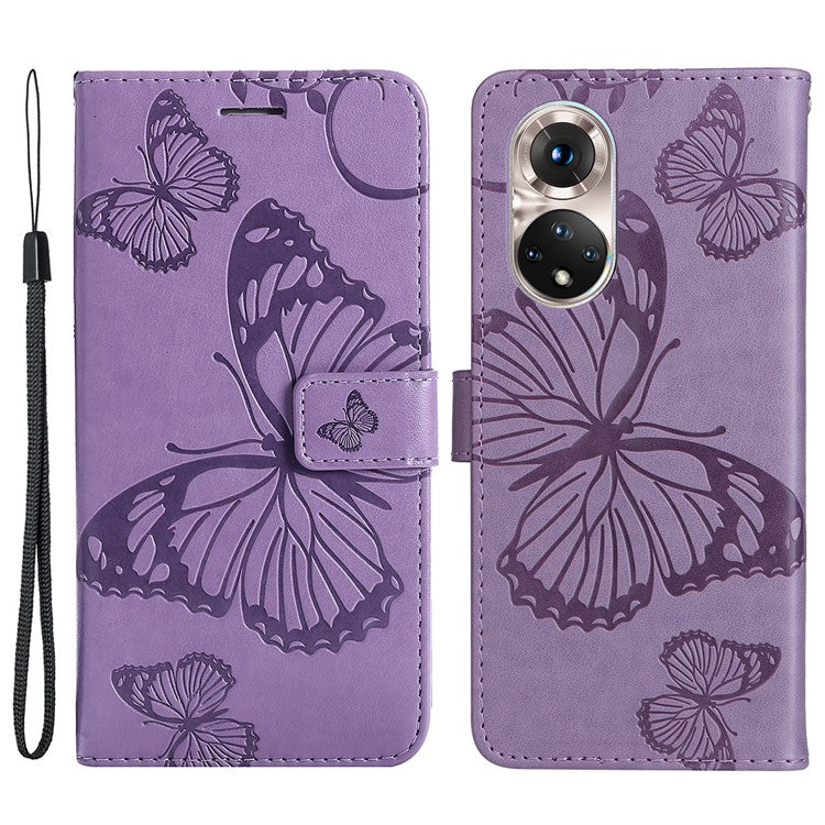 KT Imprinting Flower Series-2 PU Leather Magnetic Flip Wallet Case Stand Imprinted Butterfly Pattern Full Body Protective Cover with Strap for Honor 50 5G / Huawei nova 9 - Purple