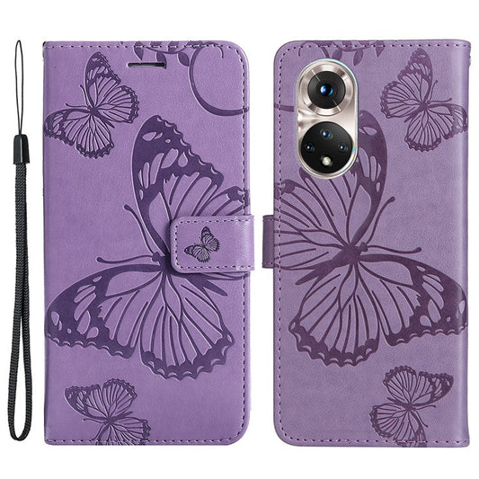 KT Imprinting Flower Series-2 PU Leather Magnetic Flip Wallet Case Stand Imprinted Butterfly Pattern Full Body Protective Cover with Strap for Honor 50 5G / Huawei nova 9 - Purple