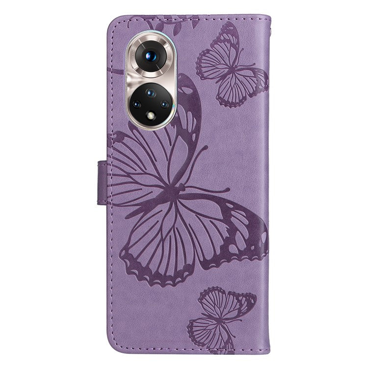 KT Imprinting Flower Series-2 PU Leather Magnetic Flip Wallet Case Stand Imprinted Butterfly Pattern Full Body Protective Cover with Strap for Honor 50 5G / Huawei nova 9 - Purple