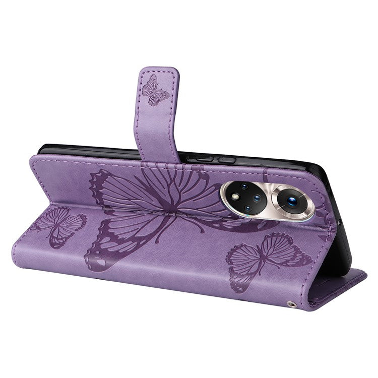 KT Imprinting Flower Series-2 PU Leather Magnetic Flip Wallet Case Stand Imprinted Butterfly Pattern Full Body Protective Cover with Strap for Honor 50 5G / Huawei nova 9 - Purple