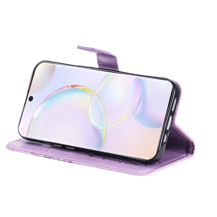 KT Imprinting Flower Series-2 PU Leather Magnetic Flip Wallet Case Stand Imprinted Butterfly Pattern Full Body Protective Cover with Strap for Honor 50 5G / Huawei nova 9 - Purple