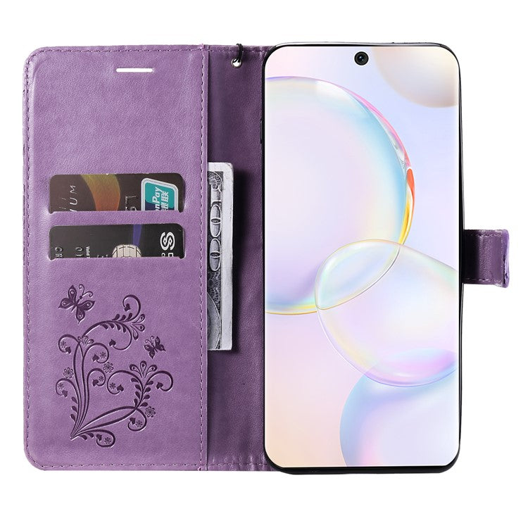 KT Imprinting Flower Series-2 PU Leather Magnetic Flip Wallet Case Stand Imprinted Butterfly Pattern Full Body Protective Cover with Strap for Honor 50 5G / Huawei nova 9 - Purple