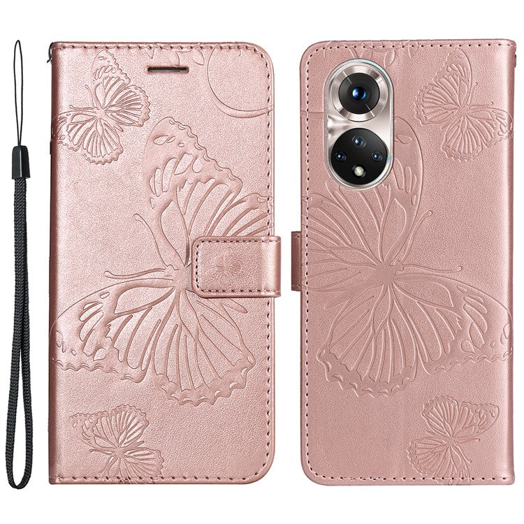 KT Imprinting Flower Series-2 PU Leather Magnetic Flip Wallet Case Stand Imprinted Butterfly Pattern Full Body Protective Cover with Strap for Honor 50 5G / Huawei nova 9 - Rose Gold