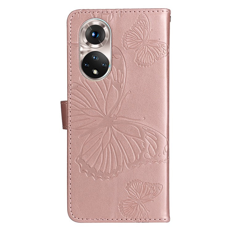 KT Imprinting Flower Series-2 PU Leather Magnetic Flip Wallet Case Stand Imprinted Butterfly Pattern Full Body Protective Cover with Strap for Honor 50 5G / Huawei nova 9 - Rose Gold