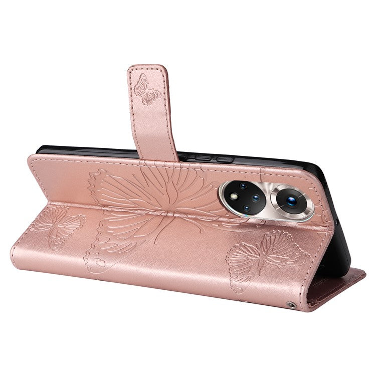 KT Imprinting Flower Series-2 PU Leather Magnetic Flip Wallet Case Stand Imprinted Butterfly Pattern Full Body Protective Cover with Strap for Honor 50 5G / Huawei nova 9 - Rose Gold