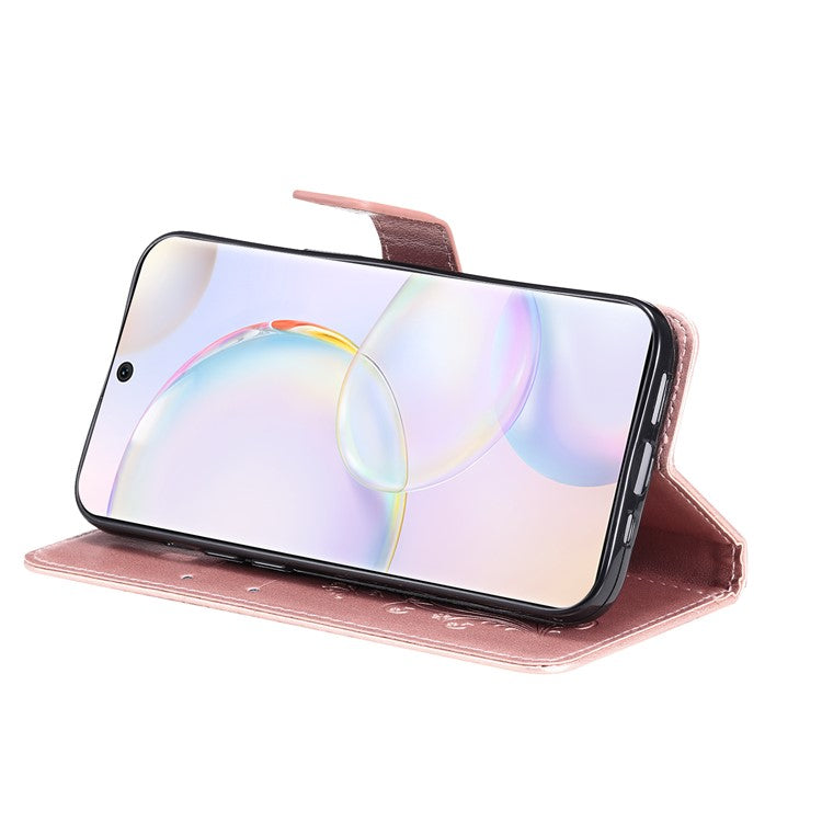 KT Imprinting Flower Series-2 PU Leather Magnetic Flip Wallet Case Stand Imprinted Butterfly Pattern Full Body Protective Cover with Strap for Honor 50 5G / Huawei nova 9 - Rose Gold