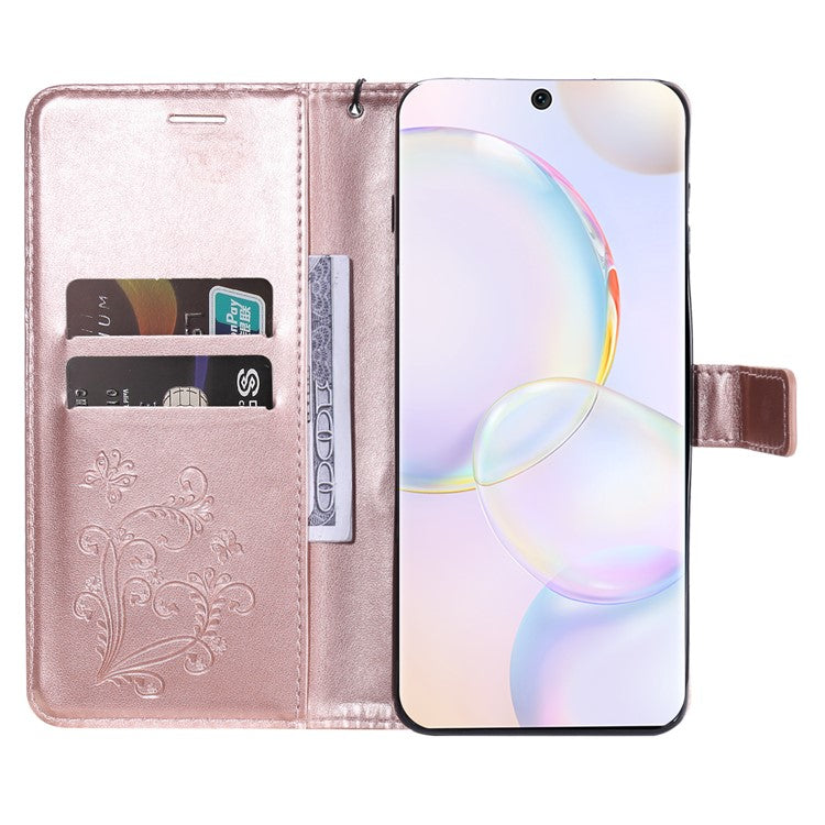 KT Imprinting Flower Series-2 PU Leather Magnetic Flip Wallet Case Stand Imprinted Butterfly Pattern Full Body Protective Cover with Strap for Honor 50 5G / Huawei nova 9 - Rose Gold