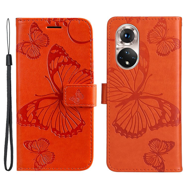KT Imprinting Flower Series-2 PU Leather Magnetic Flip Wallet Case Stand Imprinted Butterfly Pattern Full Body Protective Cover with Strap for Honor 50 5G / Huawei nova 9 - Orange