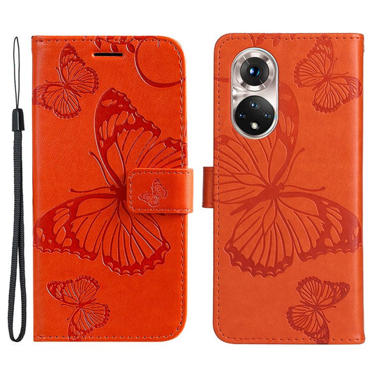 KT Imprinting Flower Series-2 PU Leather Magnetic Flip Wallet Case Stand Imprinted Butterfly Pattern Full Body Protective Cover with Strap for Honor 50 5G / Huawei nova 9 - Orange