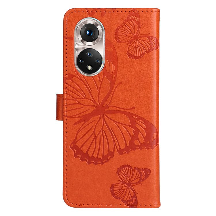 KT Imprinting Flower Series-2 PU Leather Magnetic Flip Wallet Case Stand Imprinted Butterfly Pattern Full Body Protective Cover with Strap for Honor 50 5G / Huawei nova 9 - Orange