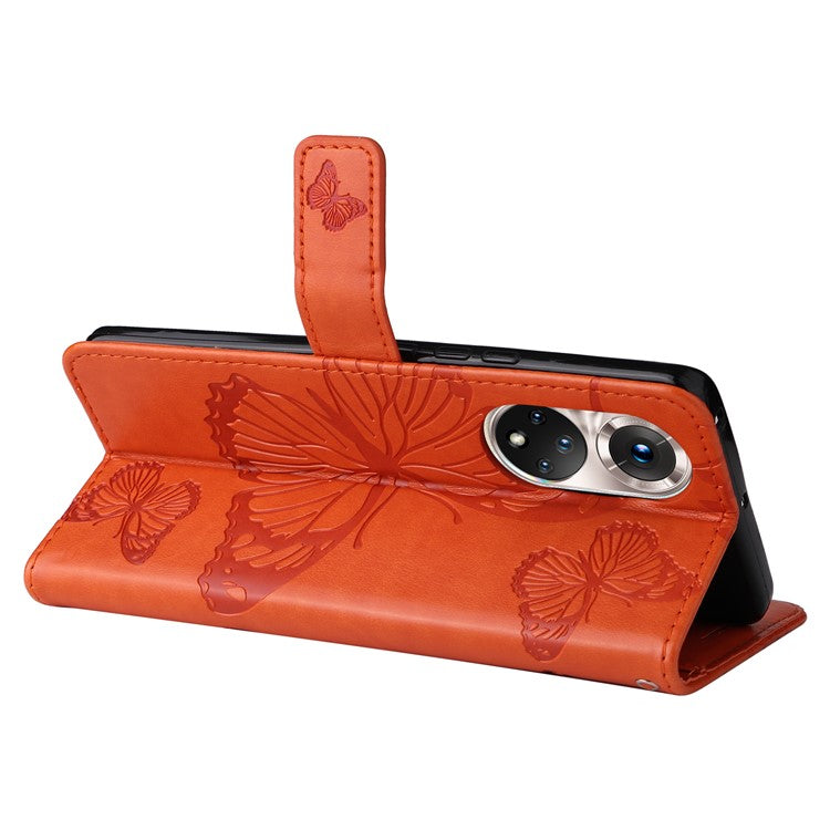 KT Imprinting Flower Series-2 PU Leather Magnetic Flip Wallet Case Stand Imprinted Butterfly Pattern Full Body Protective Cover with Strap for Honor 50 5G / Huawei nova 9 - Orange