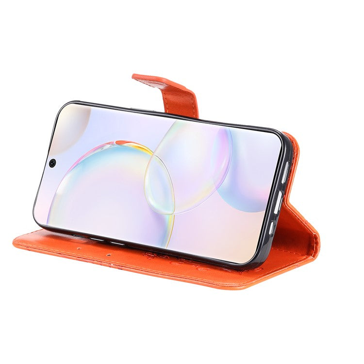 KT Imprinting Flower Series-2 PU Leather Magnetic Flip Wallet Case Stand Imprinted Butterfly Pattern Full Body Protective Cover with Strap for Honor 50 5G / Huawei nova 9 - Orange