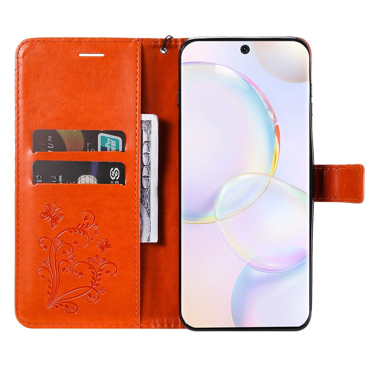 KT Imprinting Flower Series-2 PU Leather Magnetic Flip Wallet Case Stand Imprinted Butterfly Pattern Full Body Protective Cover with Strap for Honor 50 5G / Huawei nova 9 - Orange