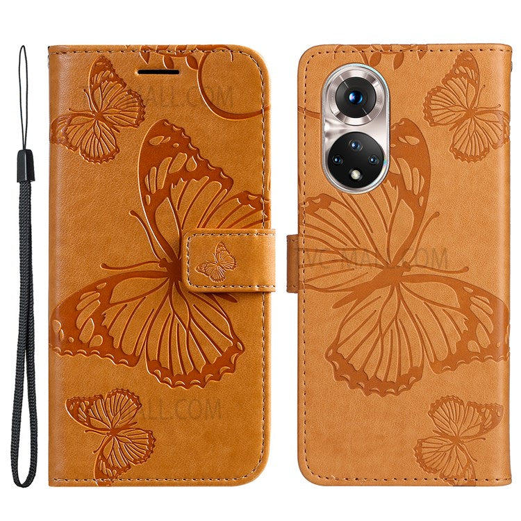 KT Imprinting Flower Series-2 PU Leather Magnetic Flip Wallet Case Stand Imprinted Butterfly Pattern Full Body Protective Cover with Strap for Honor 50 5G / Huawei nova 9 - Yellow