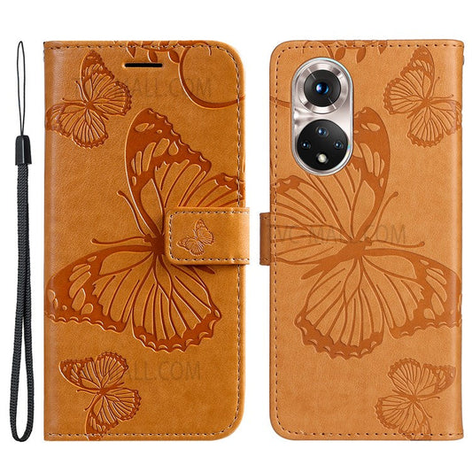 KT Imprinting Flower Series-2 PU Leather Magnetic Flip Wallet Case Stand Imprinted Butterfly Pattern Full Body Protective Cover with Strap for Honor 50 5G / Huawei nova 9 - Yellow