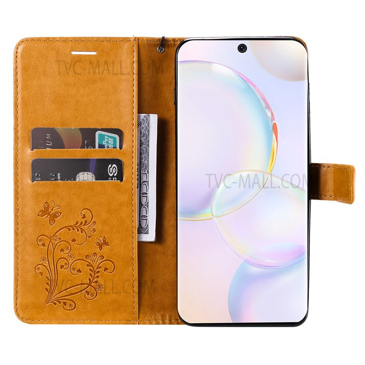 KT Imprinting Flower Series-2 PU Leather Magnetic Flip Wallet Case Stand Imprinted Butterfly Pattern Full Body Protective Cover with Strap for Honor 50 5G / Huawei nova 9 - Yellow