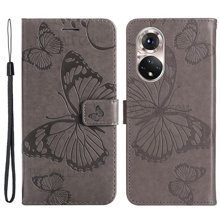 KT Imprinting Flower Series-2 PU Leather Magnetic Flip Wallet Case Stand Imprinted Butterfly Pattern Full Body Protective Cover with Strap for Honor 50 5G / Huawei nova 9 - Grey