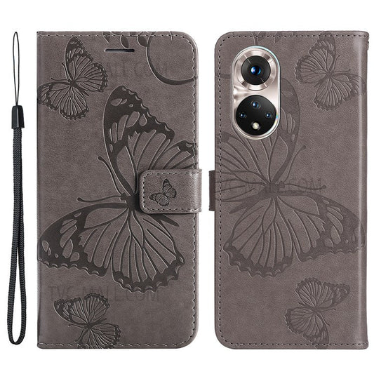 KT Imprinting Flower Series-2 PU Leather Magnetic Flip Wallet Case Stand Imprinted Butterfly Pattern Full Body Protective Cover with Strap for Honor 50 5G / Huawei nova 9 - Grey