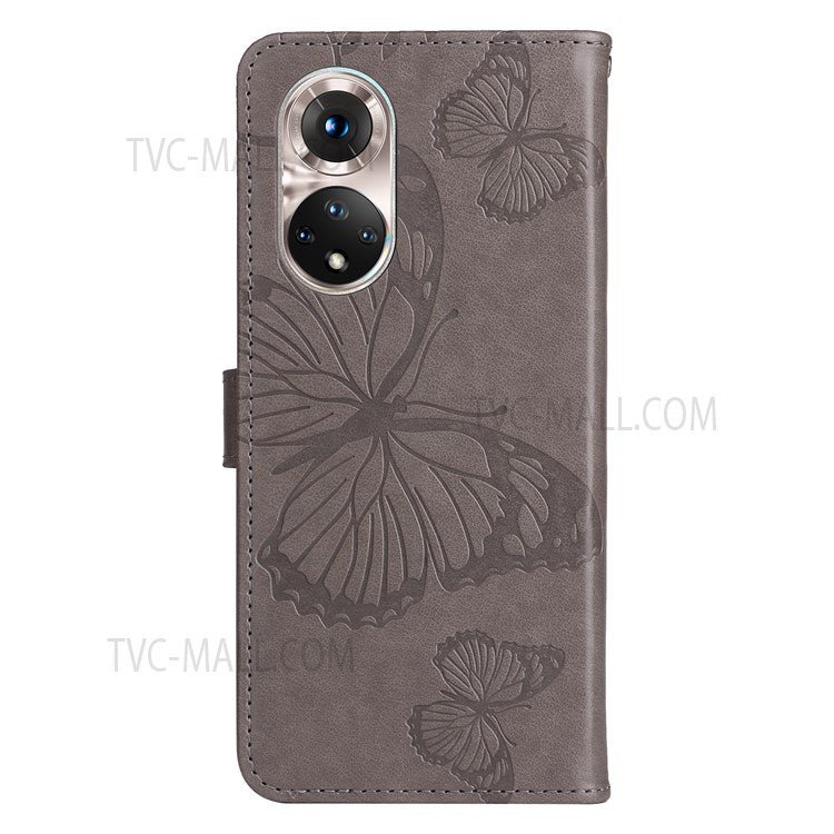 KT Imprinting Flower Series-2 PU Leather Magnetic Flip Wallet Case Stand Imprinted Butterfly Pattern Full Body Protective Cover with Strap for Honor 50 5G / Huawei nova 9 - Grey