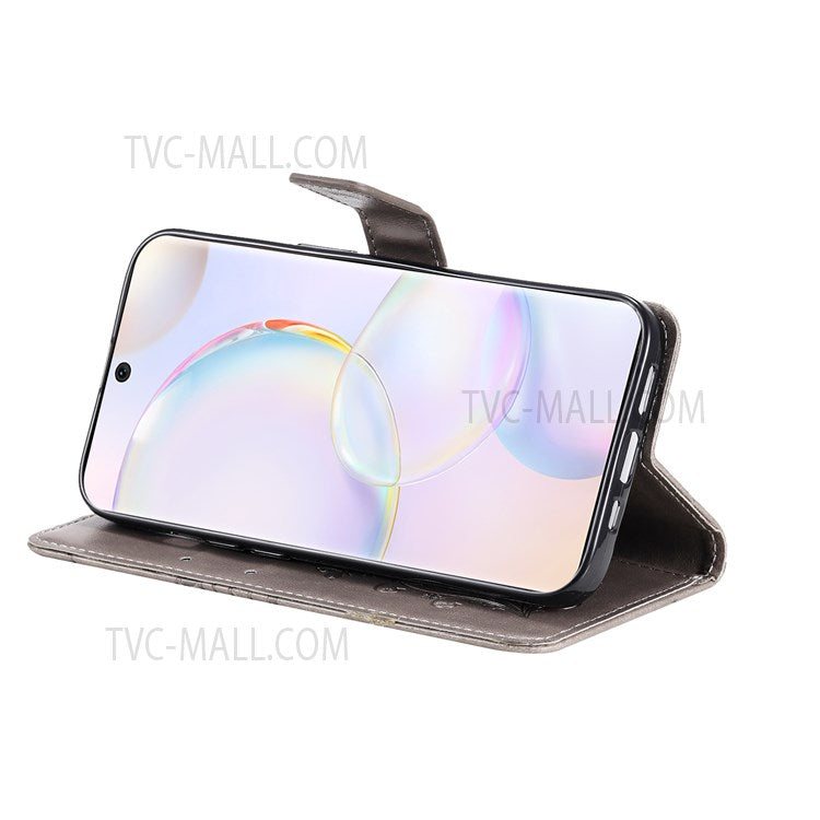 KT Imprinting Flower Series-2 PU Leather Magnetic Flip Wallet Case Stand Imprinted Butterfly Pattern Full Body Protective Cover with Strap for Honor 50 5G / Huawei nova 9 - Grey