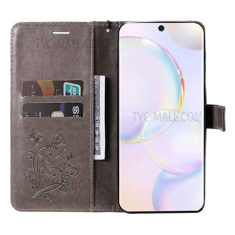 KT Imprinting Flower Series-2 PU Leather Magnetic Flip Wallet Case Stand Imprinted Butterfly Pattern Full Body Protective Cover with Strap for Honor 50 5G / Huawei nova 9 - Grey