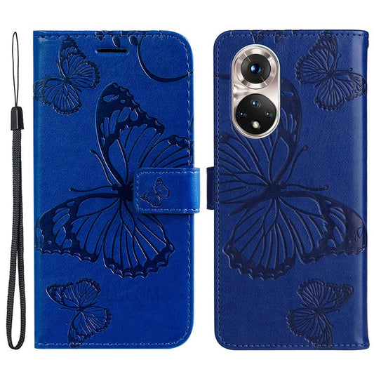 KT Imprinting Flower Series-2 PU Leather Magnetic Flip Wallet Case Stand Imprinted Butterfly Pattern Full Body Protective Cover with Strap for Honor 50 5G / Huawei nova 9 - Blue