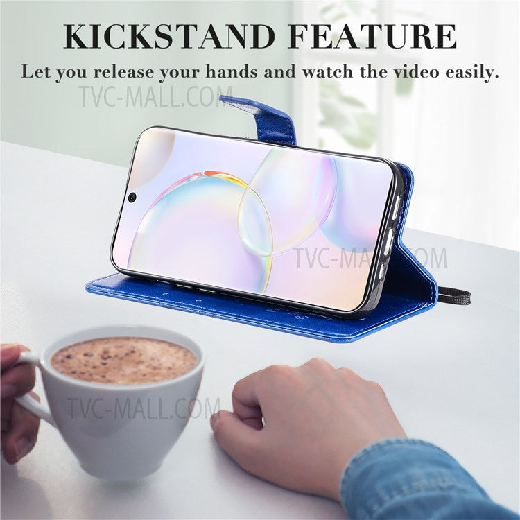 KT Imprinting Flower Series-2 PU Leather Magnetic Flip Wallet Case Stand Imprinted Butterfly Pattern Full Body Protective Cover with Strap for Honor 50 5G / Huawei nova 9 - Blue