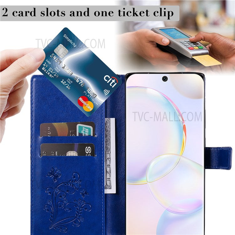 KT Imprinting Flower Series-2 PU Leather Magnetic Flip Wallet Case Stand Imprinted Butterfly Pattern Full Body Protective Cover with Strap for Honor 50 5G / Huawei nova 9 - Blue