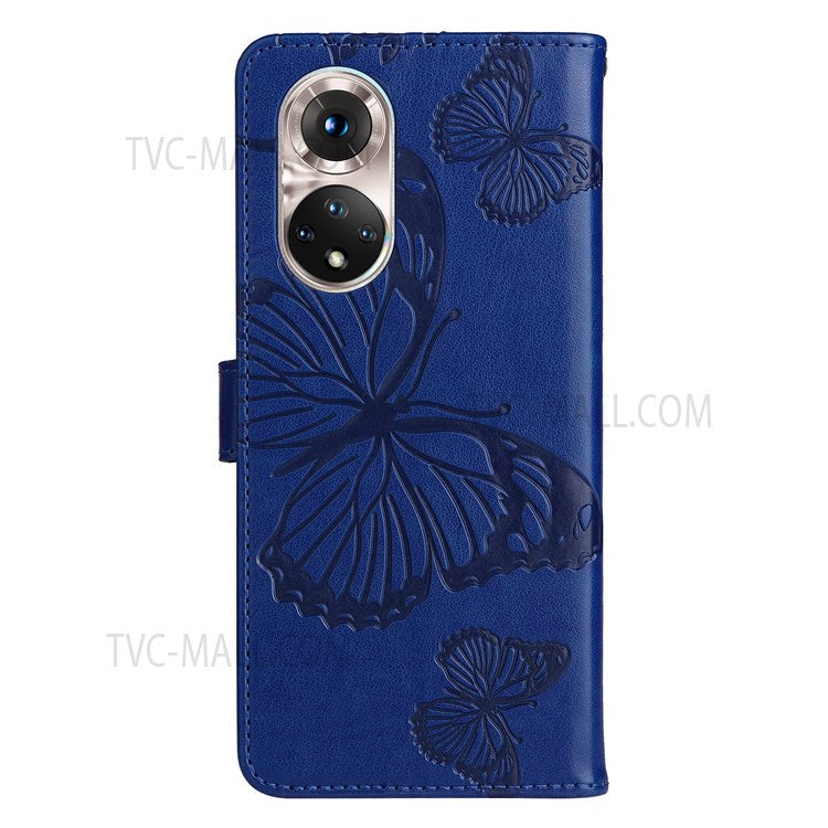 KT Imprinting Flower Series-2 PU Leather Magnetic Flip Wallet Case Stand Imprinted Butterfly Pattern Full Body Protective Cover with Strap for Honor 50 5G / Huawei nova 9 - Blue