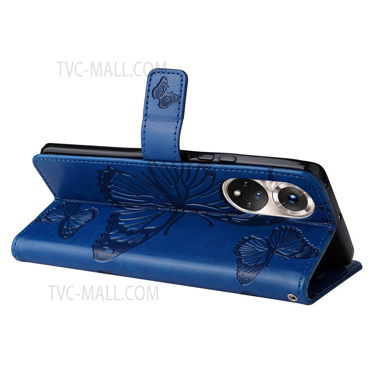 KT Imprinting Flower Series-2 PU Leather Magnetic Flip Wallet Case Stand Imprinted Butterfly Pattern Full Body Protective Cover with Strap for Honor 50 5G / Huawei nova 9 - Blue