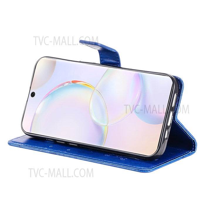 KT Imprinting Flower Series-2 PU Leather Magnetic Flip Wallet Case Stand Imprinted Butterfly Pattern Full Body Protective Cover with Strap for Honor 50 5G / Huawei nova 9 - Blue