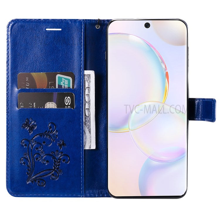 KT Imprinting Flower Series-2 PU Leather Magnetic Flip Wallet Case Stand Imprinted Butterfly Pattern Full Body Protective Cover with Strap for Honor 50 5G / Huawei nova 9 - Blue