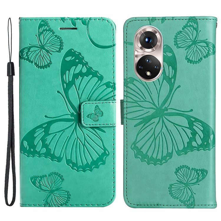 KT Imprinting Flower Series-2 PU Leather Magnetic Flip Wallet Case Stand Imprinted Butterfly Pattern Full Body Protective Cover with Strap for Honor 50 5G / Huawei nova 9 - Green