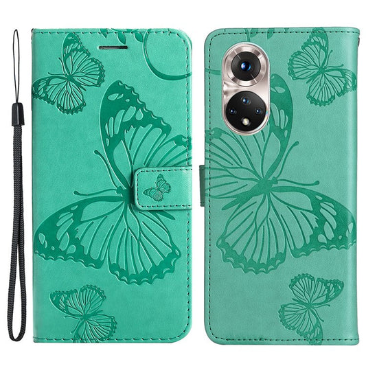 KT Imprinting Flower Series-2 PU Leather Magnetic Flip Wallet Case Stand Imprinted Butterfly Pattern Full Body Protective Cover with Strap for Honor 50 5G / Huawei nova 9 - Green