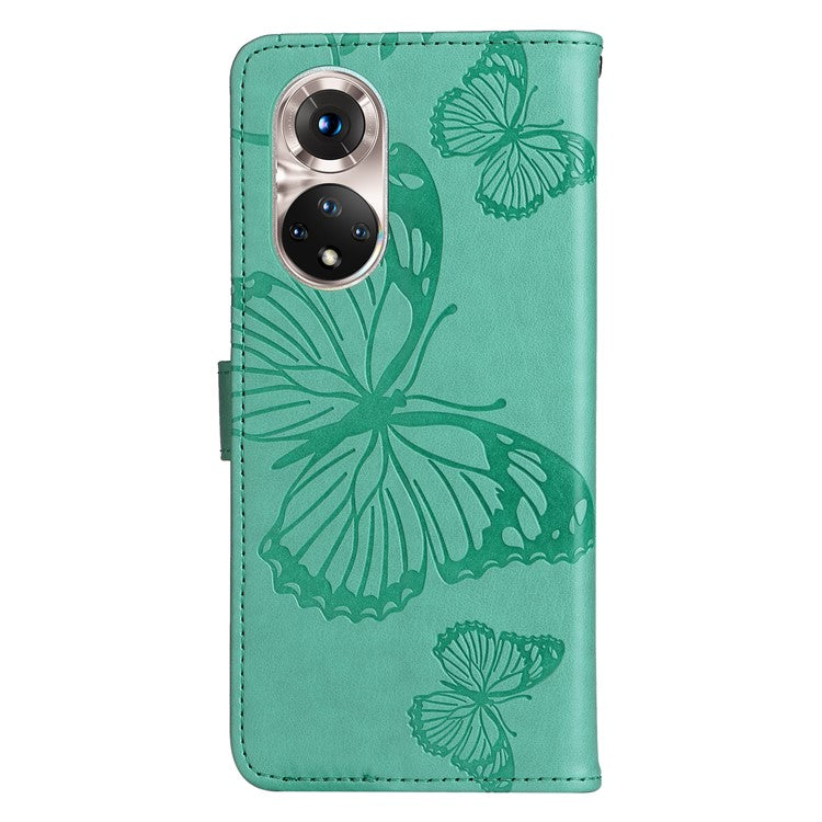 KT Imprinting Flower Series-2 PU Leather Magnetic Flip Wallet Case Stand Imprinted Butterfly Pattern Full Body Protective Cover with Strap for Honor 50 5G / Huawei nova 9 - Green