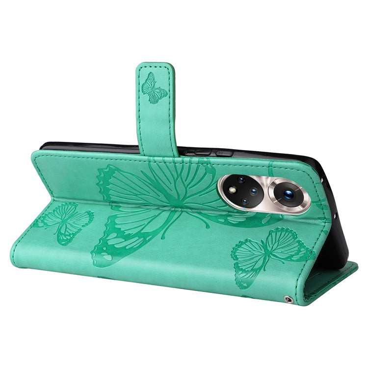 KT Imprinting Flower Series-2 PU Leather Magnetic Flip Wallet Case Stand Imprinted Butterfly Pattern Full Body Protective Cover with Strap for Honor 50 5G / Huawei nova 9 - Green