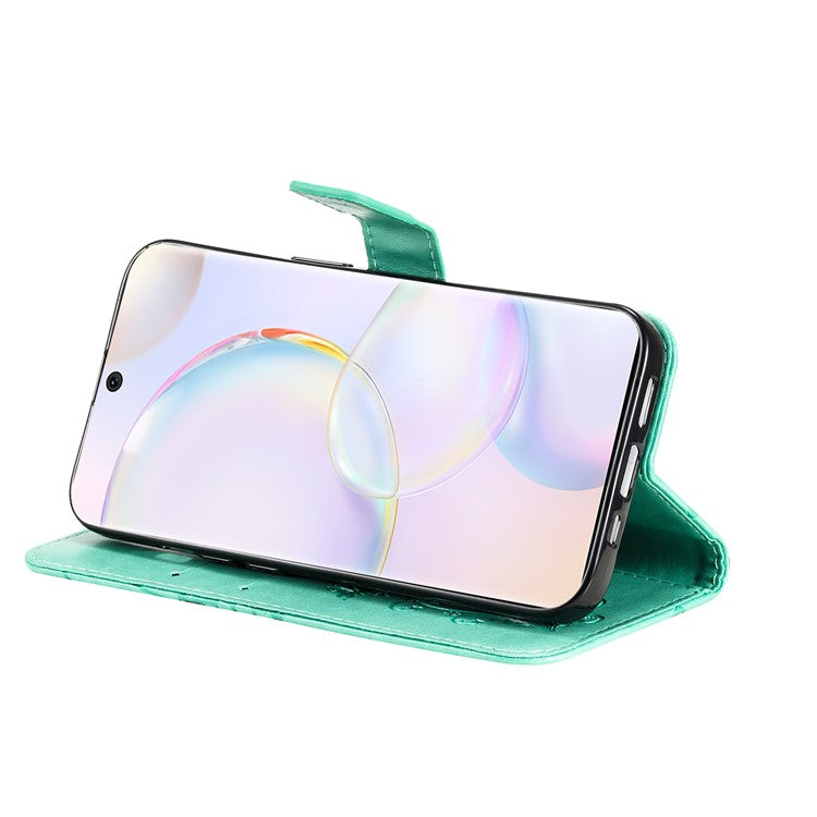 KT Imprinting Flower Series-2 PU Leather Magnetic Flip Wallet Case Stand Imprinted Butterfly Pattern Full Body Protective Cover with Strap for Honor 50 5G / Huawei nova 9 - Green