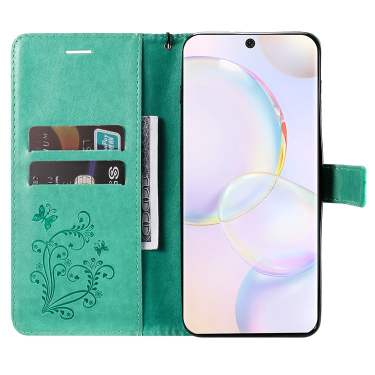 KT Imprinting Flower Series-2 PU Leather Magnetic Flip Wallet Case Stand Imprinted Butterfly Pattern Full Body Protective Cover with Strap for Honor 50 5G / Huawei nova 9 - Green