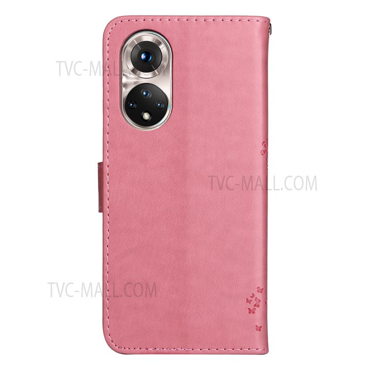 KT Imprinting Flower Series-3 Cat and Tree Pattern Imprinted Wallet Flip Cover PU Leather Stand Magnetic Clasp Shockproof Protection Case for Huawei nova 9 / Honor 50 - Pink