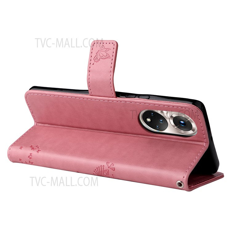 KT Imprinting Flower Series-3 Cat and Tree Pattern Imprinted Wallet Flip Cover PU Leather Stand Magnetic Clasp Shockproof Protection Case for Huawei nova 9 / Honor 50 - Pink