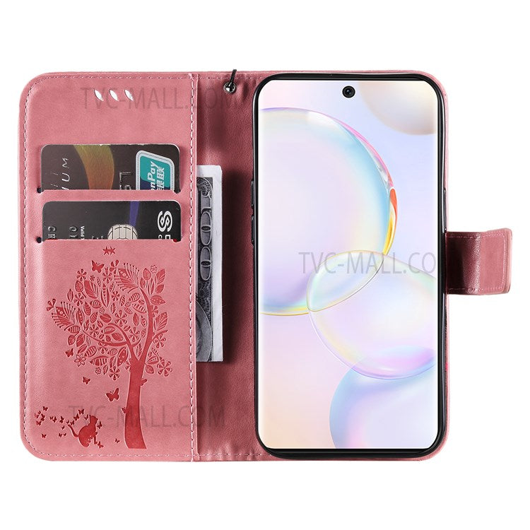 KT Imprinting Flower Series-3 Cat and Tree Pattern Imprinted Wallet Flip Cover PU Leather Stand Magnetic Clasp Shockproof Protection Case for Huawei nova 9 / Honor 50 - Pink