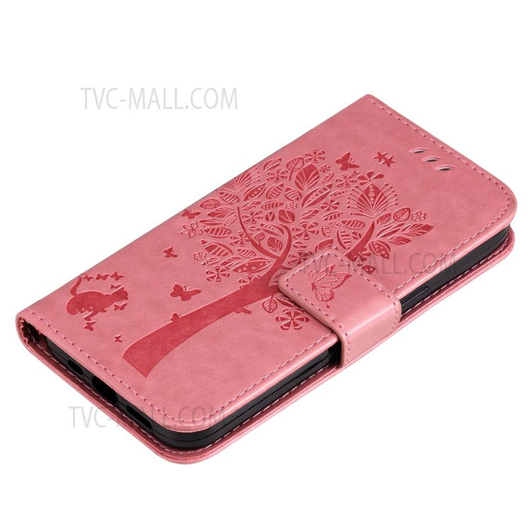 KT Imprinting Flower Series-3 Cat and Tree Pattern Imprinted Wallet Flip Cover PU Leather Stand Magnetic Clasp Shockproof Protection Case for Huawei nova 9 / Honor 50 - Pink