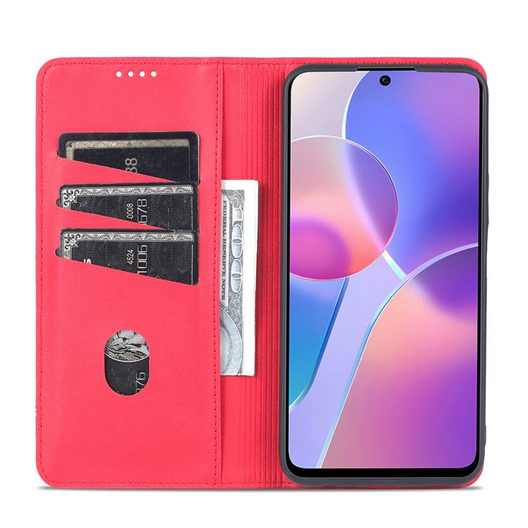 AZNS Magnetic Auto-absorbed Wallet Stand Design PU Leather Shockproof Phone Cover Case for Honor X30i - Red