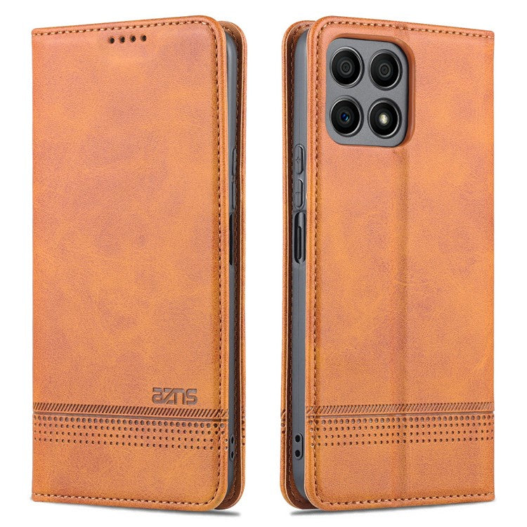 AZNS Magnetic Auto-absorbed Wallet Stand Design PU Leather Shockproof Phone Cover Case for Honor X30i - Brown